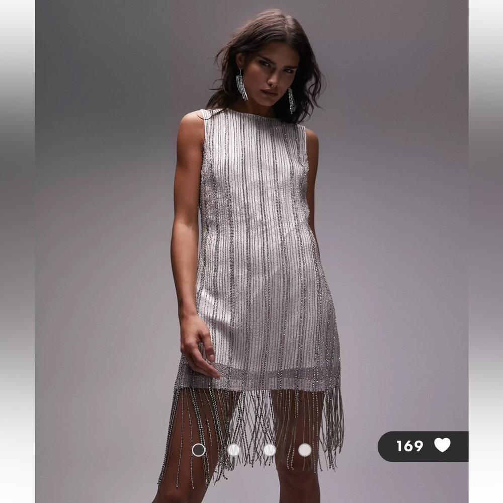 Topshop embellished diamante fringe detail mini dress in white size us 10 uk 14